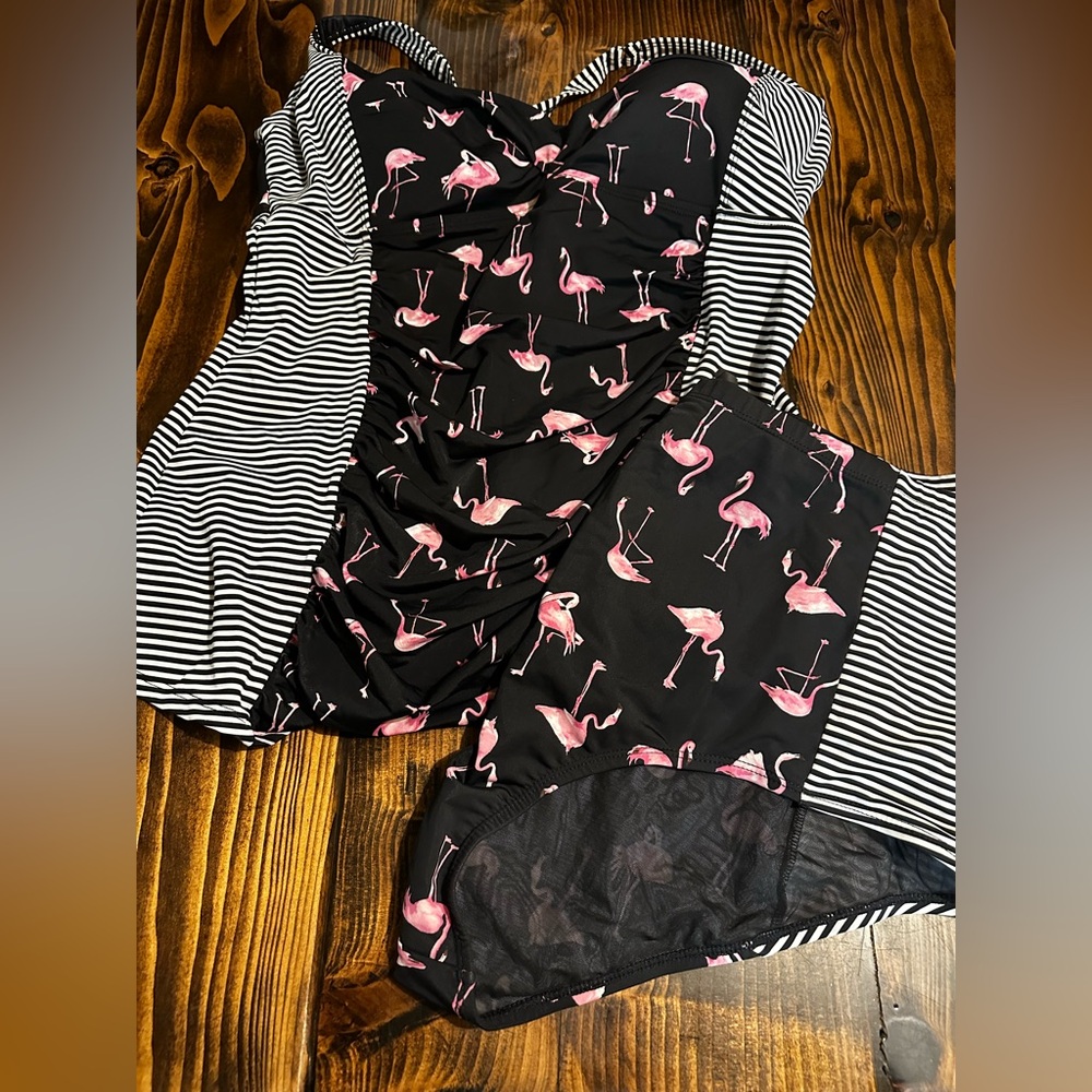 Torrid Black Strip two piece swimsuit with Pink Flamingos